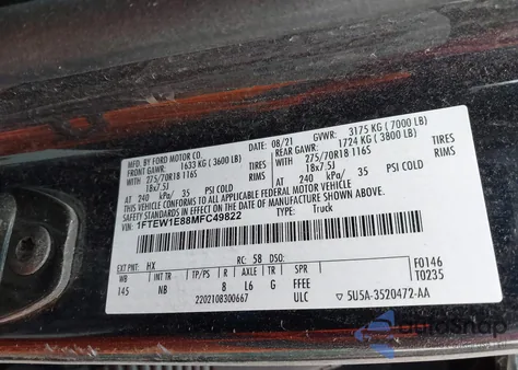 2021 Ford F-150 Tremor from USA, damaged, VIN 1FTEW1E88MFC49822